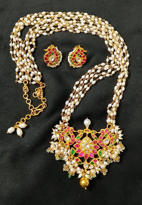 925 Silver Kundan Pearl Necklace, Peacock Jadau Kundan Antique Long Set, Buy Kundan Jadau Jewellery Online, South India Jewels, Jadau Peacock studs